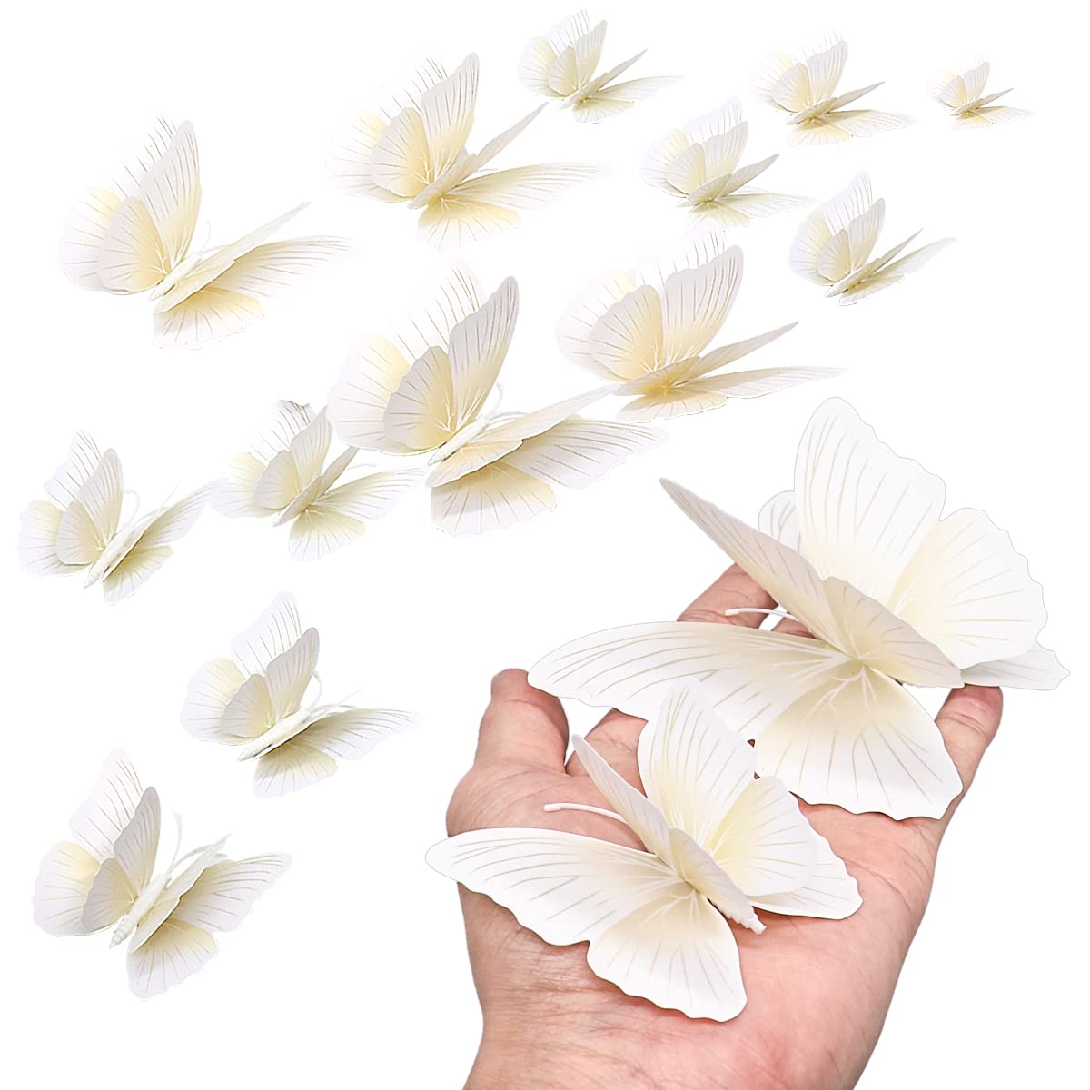 CattleyaHQ 12 Pieces White Floral Butterfly Wall Sticker, Double Layer 3D Magnetic, Simulation Butterfly, For Home, Kitchen & Garden
