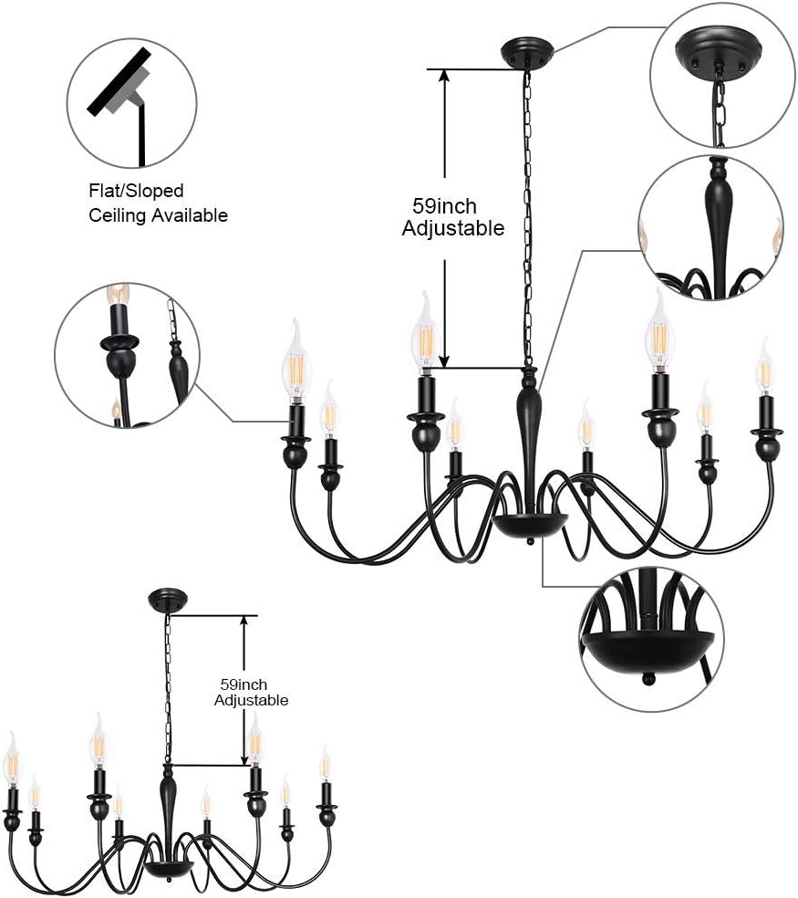 KOSTOMO 8-Light Farmhouse Chandeliers for Dining Room Kitchen Island Ceiling Hanging Fixture 8 Arms Adjustable height 60w E12 Bulb Industrial Rust Black Pendant Lighting: Home Improvement
