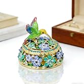 Hand Painted Enamel Hummingbird Flower Trinket Box Hinged Jewelry Organizer Ring Earrings Storage Collectible Bird Trinket Box for Home Decor