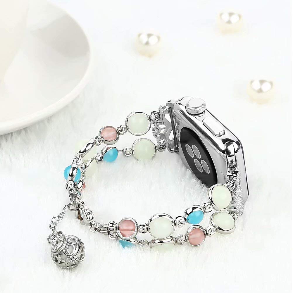 Handmade Bracelet Watch Band Strap Wristband 38mm/40mm Series 5 4 3 2 1, Crystal Pearl Night Luminous Strap Beads, for Women Girls 5.5-7 inch (Silver)