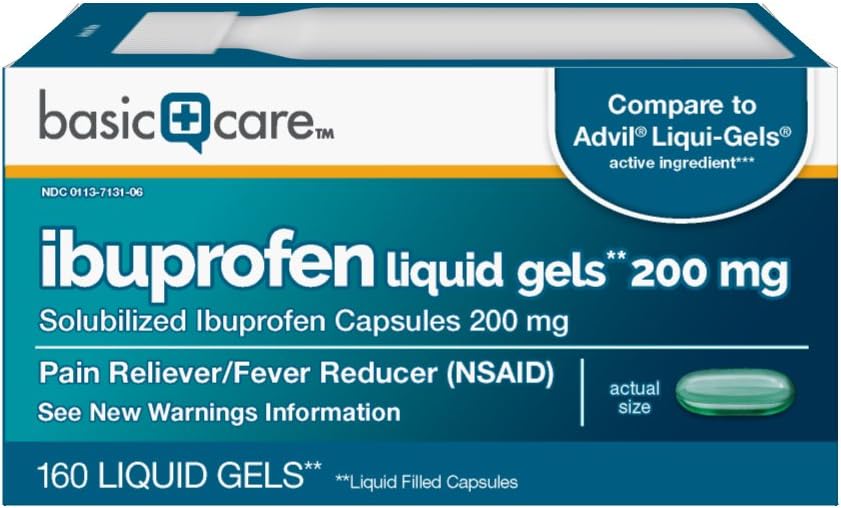  Basic Care Ibuprofen Liquid Gels 200 mg, Pain Reliever/Fever Reducer (Liquid Filled Capsules), 160 Count: Health & Personal Care