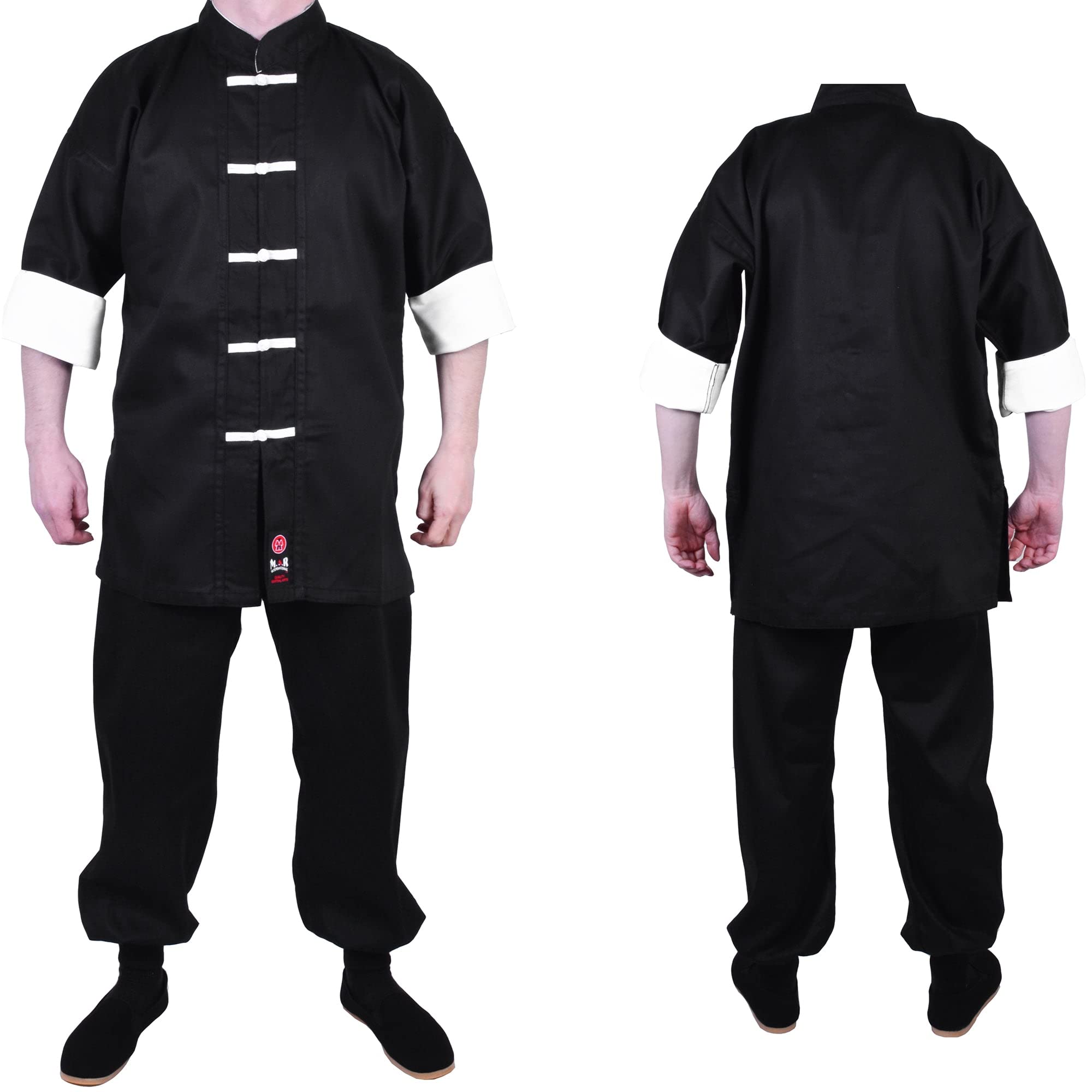 MAR INTERNATIONAL Black Kung Fu Uniform Unisex Martial Arts Suit for Adults & Kids Wing Chun Tai Chi Shaolin Design with White Cuffs 8oz Mediumnstructors, 8oz Medium-Weight Fabric (1/140)