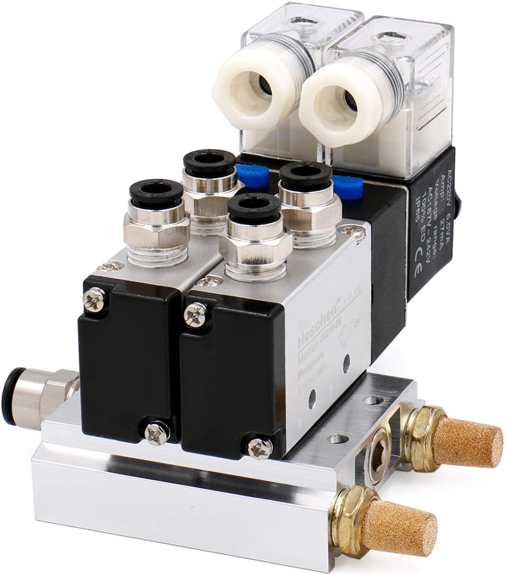 Heschen Electrical Pneumatic Twin Solenoid Valve 4V210-08 220VAC PT1/4 5 Way 2 Position Manifold Base, Muffler, Quick Fittings Set - Image 4