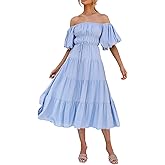 R.Vivimos Off-Shoulder Dresses for Women Summer Puff Sleeve Empire Waist Casual Ruffle A-Line Flowy Midi Dress with Belt