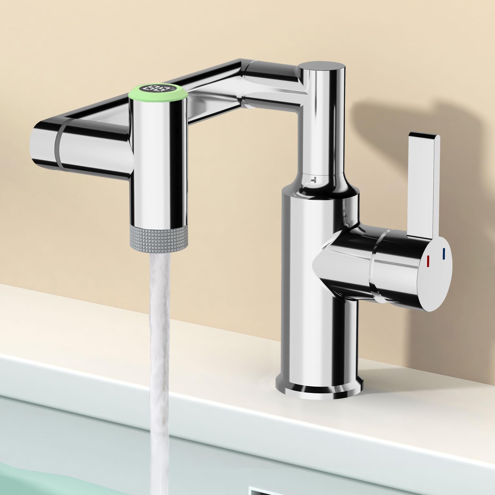 EAARSUO Single Hole Rotatable Bathroom Faucet with Temperature Display, Single Handle Modern Rotatin