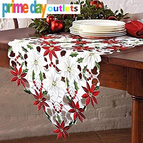 Chelseabyt Christmas Rectangle Embroidered Table Runners Poinsettia Holly Leaf Table Linens Dresser Scarves for Christmas Decorations 15" 69"