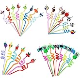 Pack of 30 Reusable Plastic Drinking Straws - Game Controller, Football, Dinosaur and Fruit Straws for Kids Girls Boys Birthday Party Supplies Baby Shower Decorations
