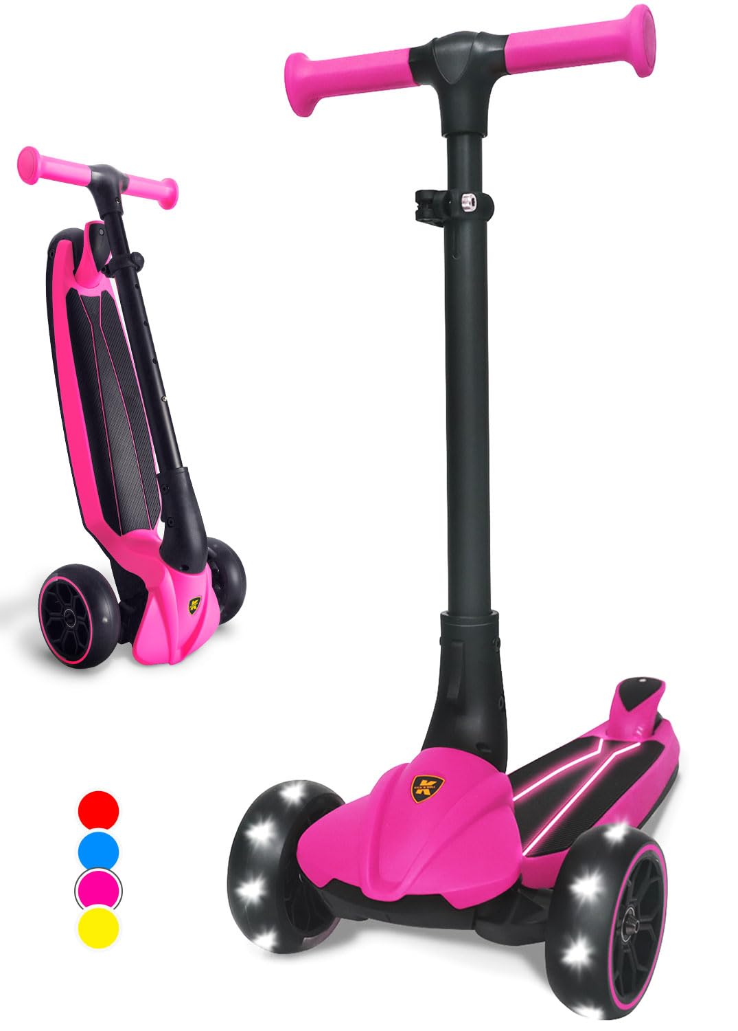 Kicknroll Kids Scooter 3-Wheel for Kids Ages 3-8 with Light-Up Wheels and LED Deck, 4-Level Height Adjustable, Foldable, Lean-to-Steer, Kick n Roll