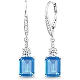 Gem Stone King Drop Dangle Gemstone Birthstone and White Topaz Earrings for Women | 925 Sterling Silver | Emerald Cut 9X7MM | Fine Jewelry Gifts for Her Mom Anniversary Wedding