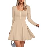 Umenlele Women's Scoop Neck Long Sleeve Dresses Casual Flowy Swing Mini Short Wrap Skater Dress