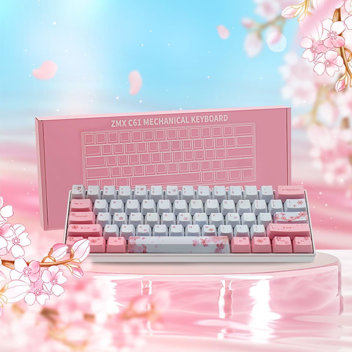 Manbala ZMX Cherry Blossom 61 Mechanical Keyboard,60%Compact Mechanical 61Keys 5.0Bluetooth/Type-C Wired Dual-Mode RGB Backlit Five-Sided Sublimation PBT Keycap Gaming Keyboard (Red Switch, Pink)
