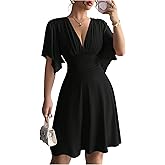 SOLY HUX Women's Deep V Neck Elegant Mini Dress Ruffle Short Sleeve Flowy Cocktail Evening Dresses