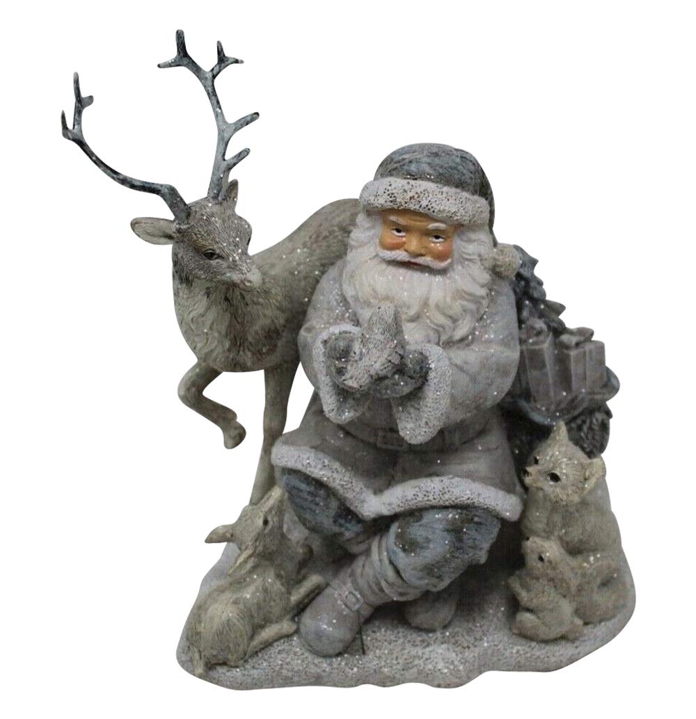 Floral Silk Large Santa with Stag Fawn Fox Rabbit Robin Woodland Animals Figurine Ornament 18cm Tall