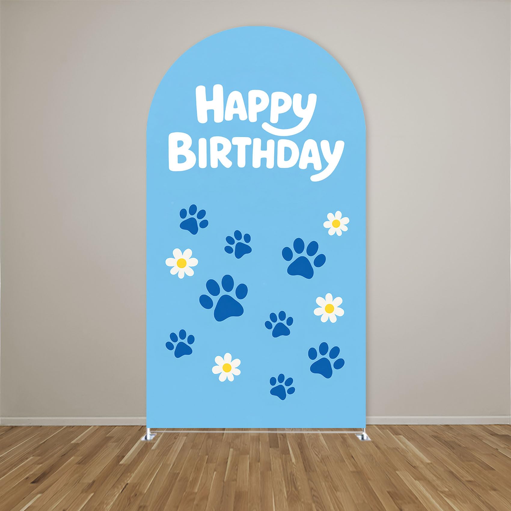 Condition photo showing New/Like New for blue happy birthday arch backdrop, paw print party decorations for kids, cute floral puppy theme arc