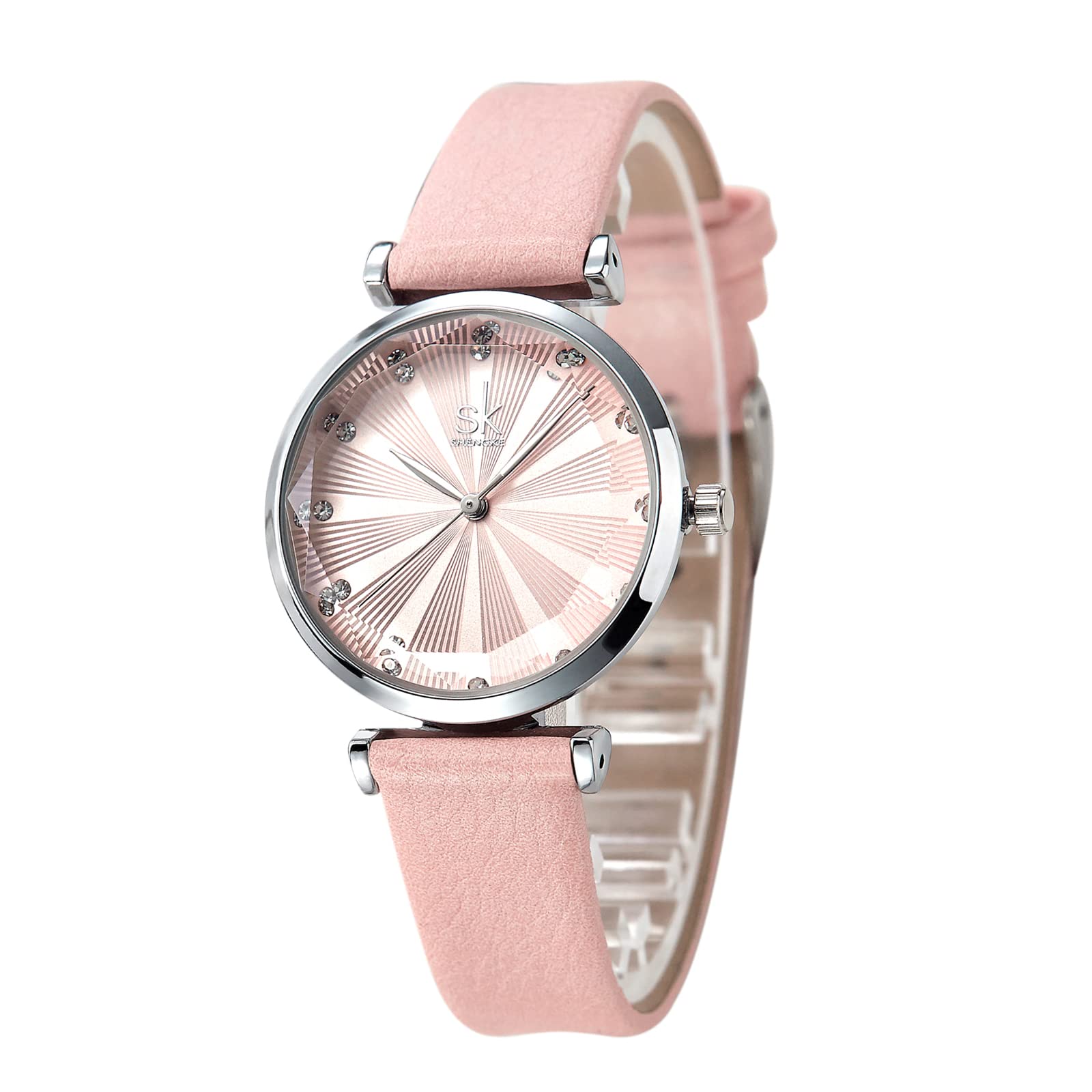 SHENGKE Watches for Women Fashion Simple Women's Watch Creative Ladies Watch Waterproof Wrist Watch with Leather Band，Pink
