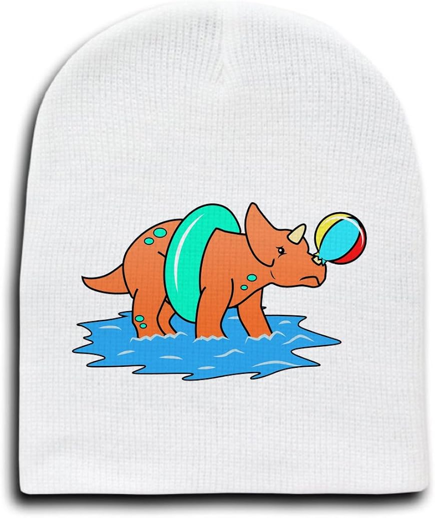 Triceratops Pops Beach Ball and is Sad Ocean Fun Cute - White Beanie Cap/Hat