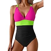 Aidonger Women's One Piece Color Block Swimsuit Tummy Control Slimming Bathing Suit V Neck Cutout High Waisted Swimwear