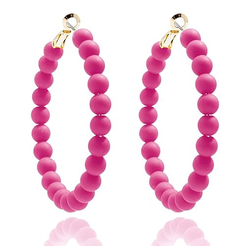 GAUEIOUR Hot Pink Earrings,Summer Pink Acrylic Beads Round Earrings, Bohemian Fashion Handmade Women's Earnail Jewelry,Beaded Hoop Earrings Pink Personalized Earrings