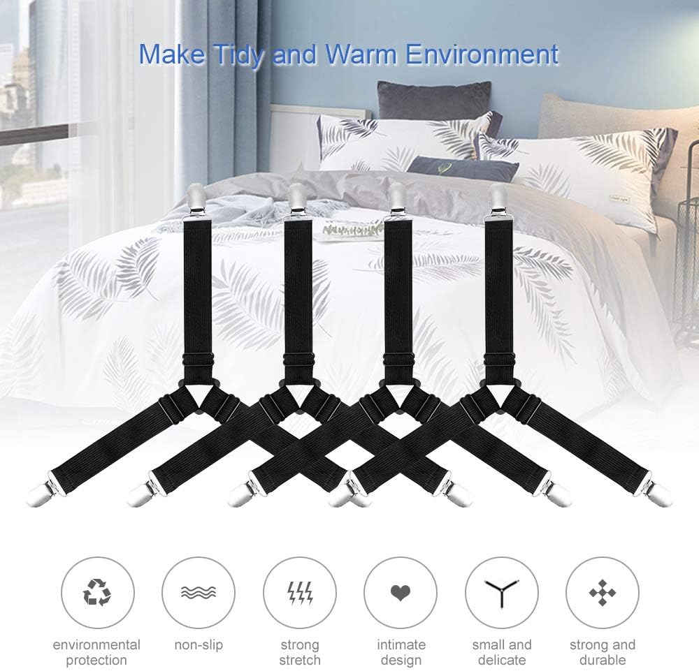 HZAZF 4PCS Bed Sheet Holder Straps, Upgraded Triangle Bed Sheet Fasteners, Elastic Adjustable Bed Sheet Straps with Heavy Duty Grippers Clips (Black): Home & Kitchen