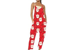 Jumpsuits for Women Christmas Printed Rompers with Pocket Casual Travel Pants Fashion Loose Sleeveless Xmas Onesie