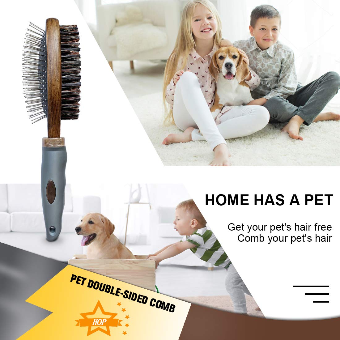 HOP Home of Paws Dog Brush for Grooming, Double Sided Brush Removing Shedding Hair, Dog Brush for Short Medium or Long Hair, Cat Brush Grooming Comb for Detangling and Dirt Cleaning, Lotus Wood: Beauty