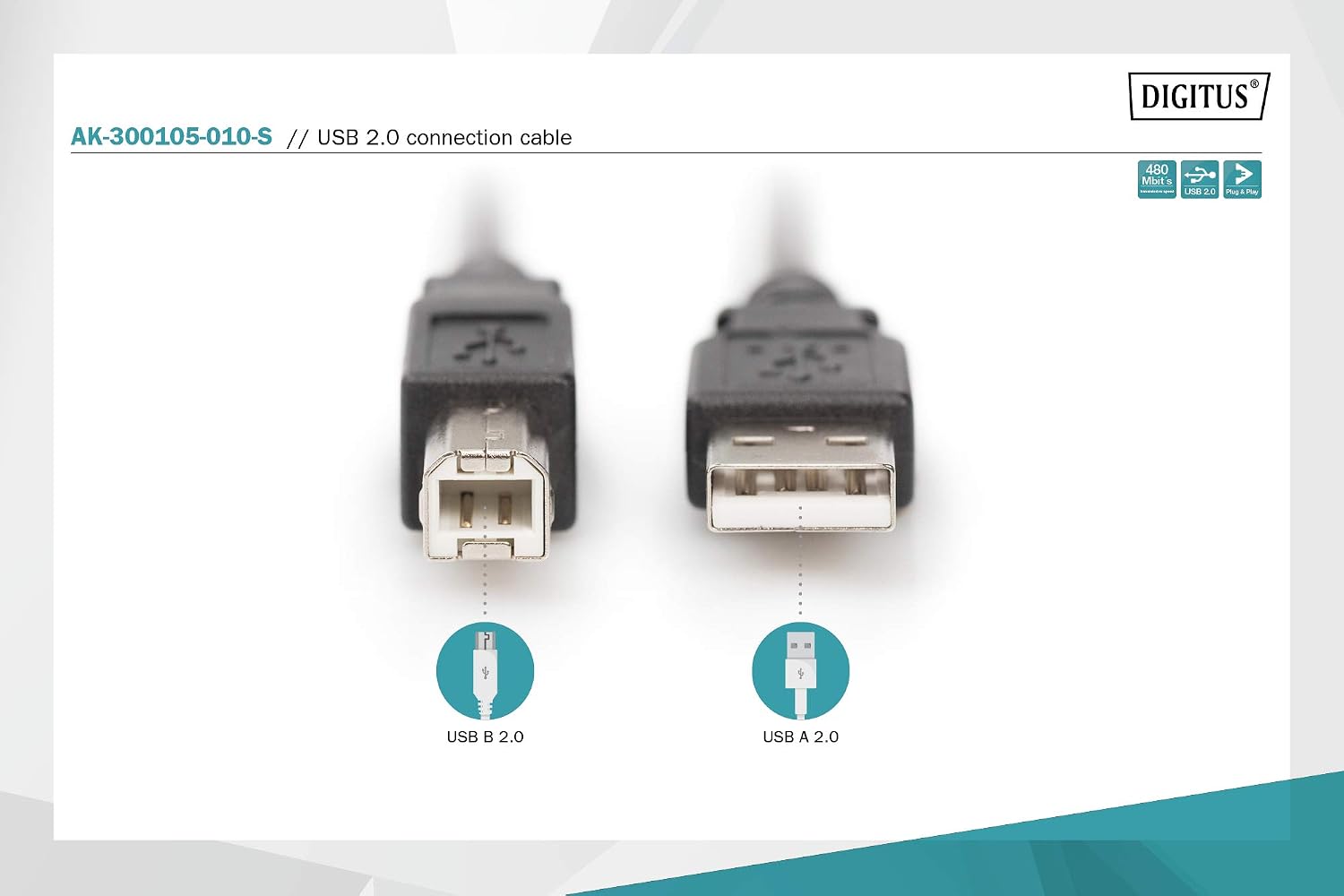 DIGITUS USB 2.0 cable - 1 m - USB A to Type B - 480 Mbps - connection cable for computers notebooks, hubs, printers - black - Image 3