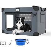 QUIBBLICK 36 Inch Soft Dog Crates, Portable Travel Crate for Large Dogs, 3-Door Foldable Soft Kennel with Mesh Windows for In