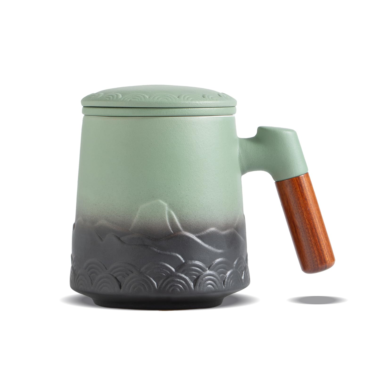 ZENS Embossed Ceramic Tea Mug With Infuser and Lid - 500 ML Loose Leaf Cup With Strainer, Wood Handle - Gifts for Tea Lovers, Steeper Accessories