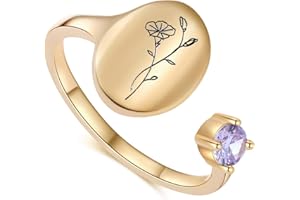SLOONG Handmade Birth Month Flower Signet Ring 14K Gold Plated Ring Birth Stone Ring Birthday Valentine's Christmas Gift for Mom Daughter Girlfriend Wife