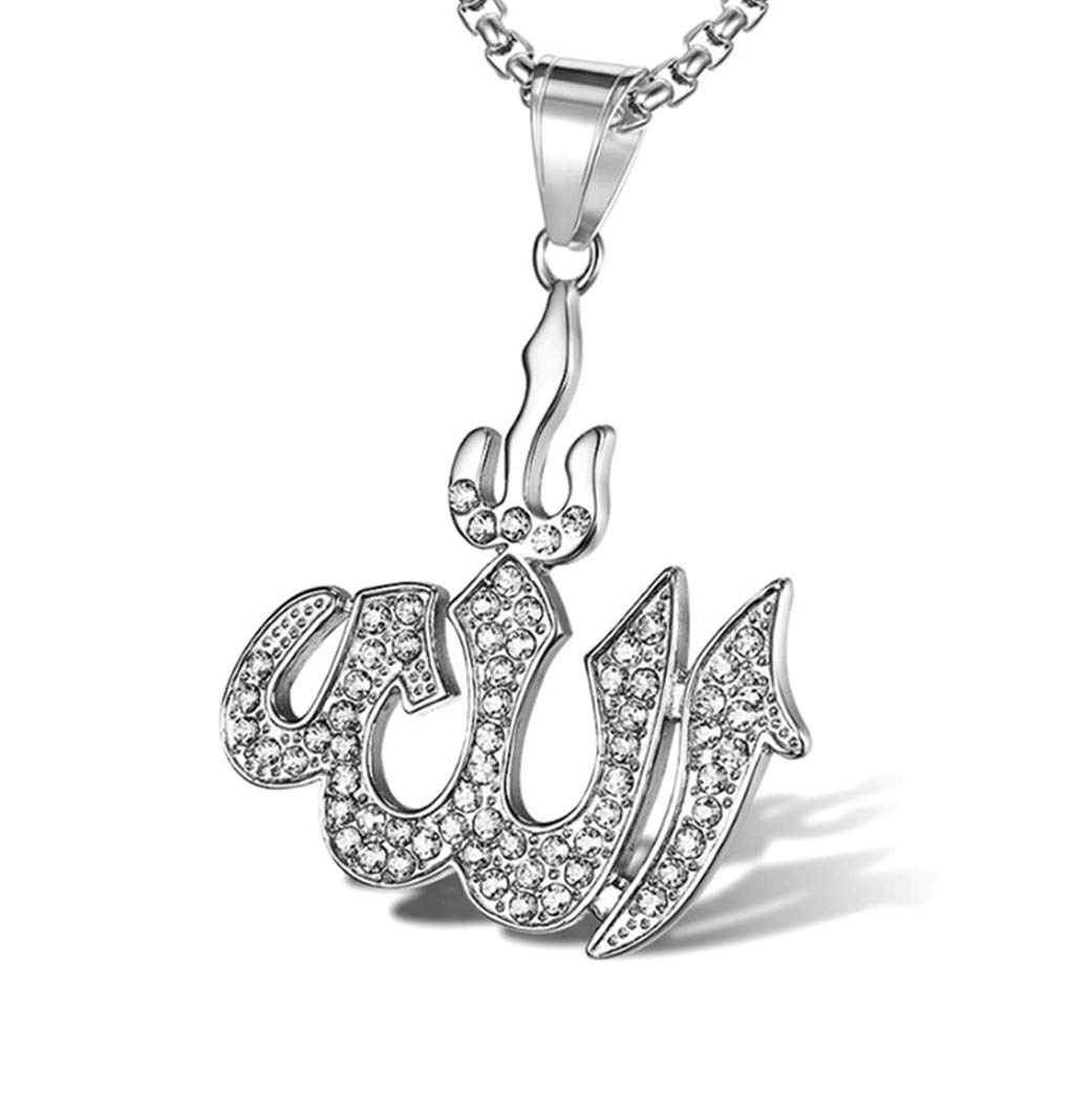 HIJONES Mens Stainless Steel Zirconia Religious Pendant Necklace with Chain Clear CZ Micro Pave, Silver Large Style A