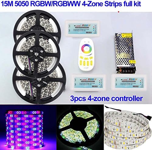 Firstsd 15M RGBW 4-Zone Control LED Strips Lights Waterproof IP65 SMD 5050 RGB+Cool White Tape DC12V + 2.4G Touch Remote + 15A Power Supply