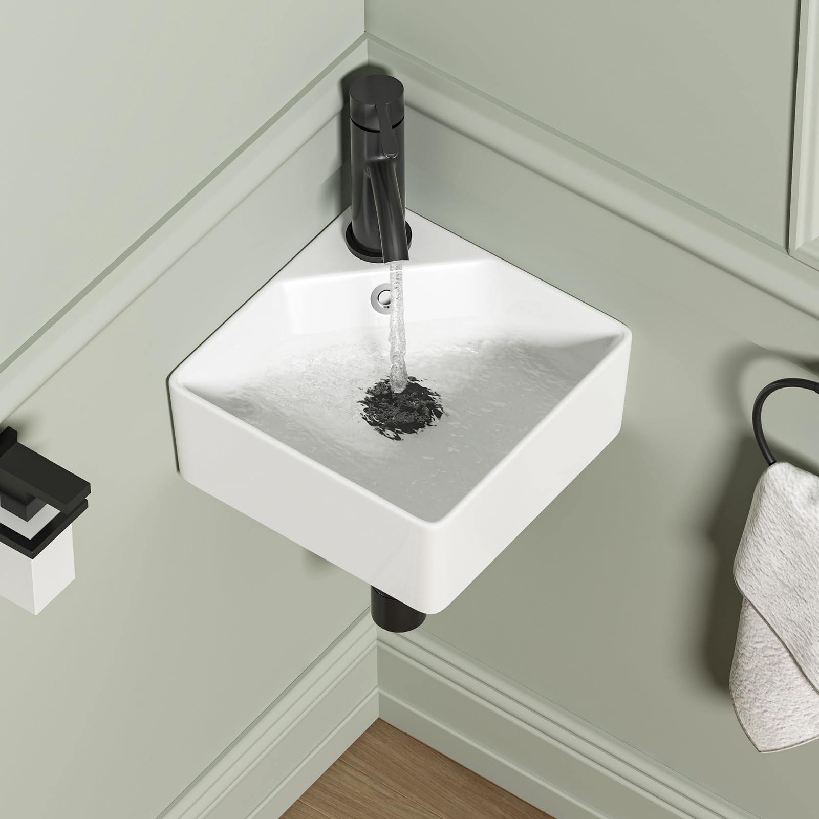 Photo 1 of Wall Mount Corner Bathroom Sink, QISHKA 12" X 12" Square Floating Ceramic Wash Hand Basin White Wall Mount Vanity Sink with Single Faucet Hole and Overflow