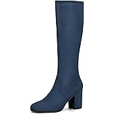 Allegra K Women's Side Zipper Chunky Heel Knee High Navy Blue Boots 9 M US -