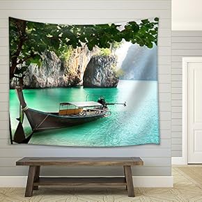 Long Boat on Island in Thailand - Fabric Wall Tapestry Home Decor - 51x60 inches