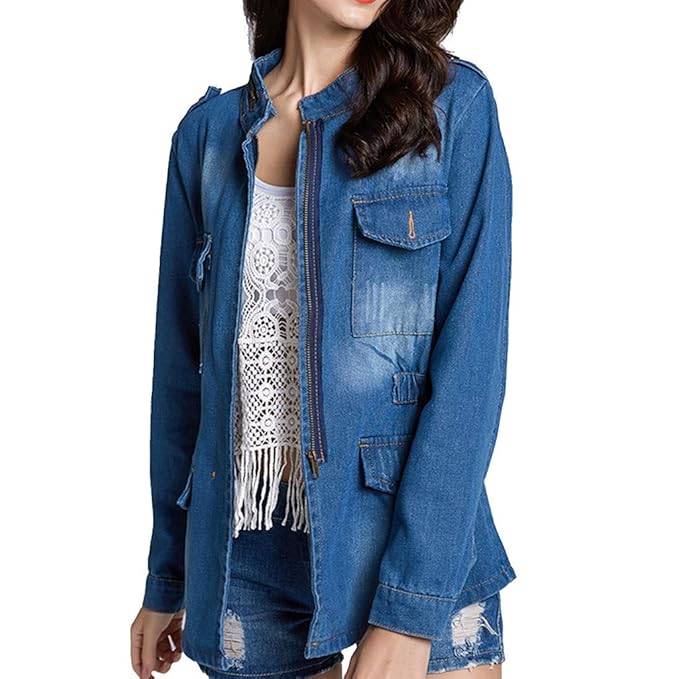 Rosatro Women Jackets Denim Ladies Pure Color Wash The Old Zipper