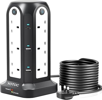 YOTOCversion 18-In-1 Tower Extension Lead with 12 AC, 4 USB, 2 USB-C