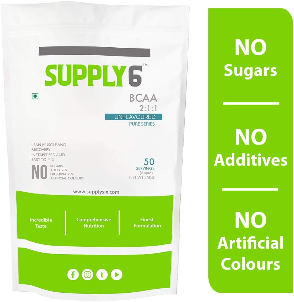 Supply6 Pure BCAA with High Leucine, Isoleucine and Valine 2:1:1 - Helps in Lean Muscle Growth & Recovery - 50 Servings - 250 G (Unflavoured)