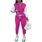 Fooullaide Women's Varsity Jacket Sweatsuit 2 Piece Tracksuit Crop Top Button Down Letterman Jackets Pants Sets
