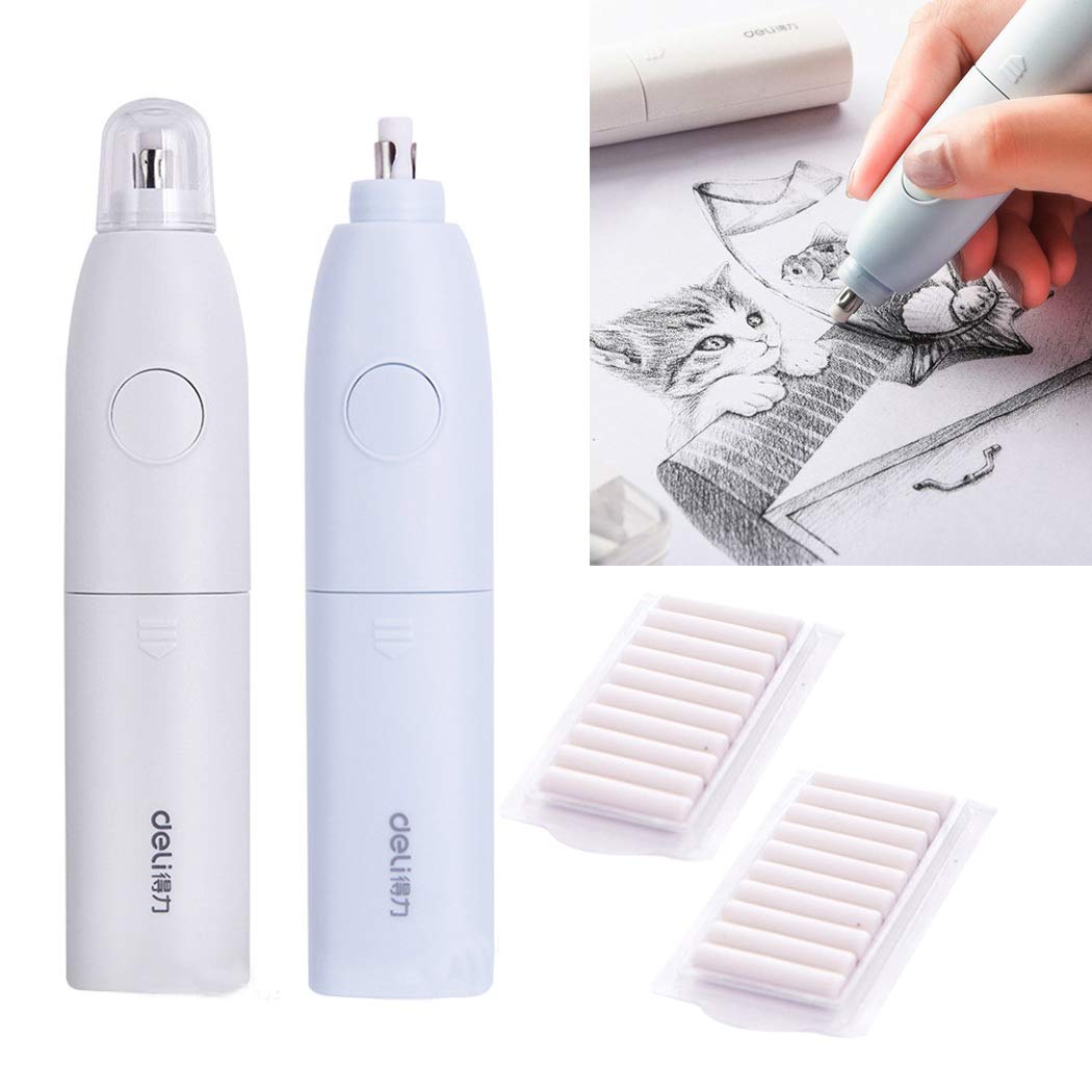 SIPLIV 2Pcs Electric Eraser Kit Automatic Battery Operated Eraser Rubber with 20 Eraser Refills for Office, School, Drawing, Detailer Tool for Crafting, Blue and White