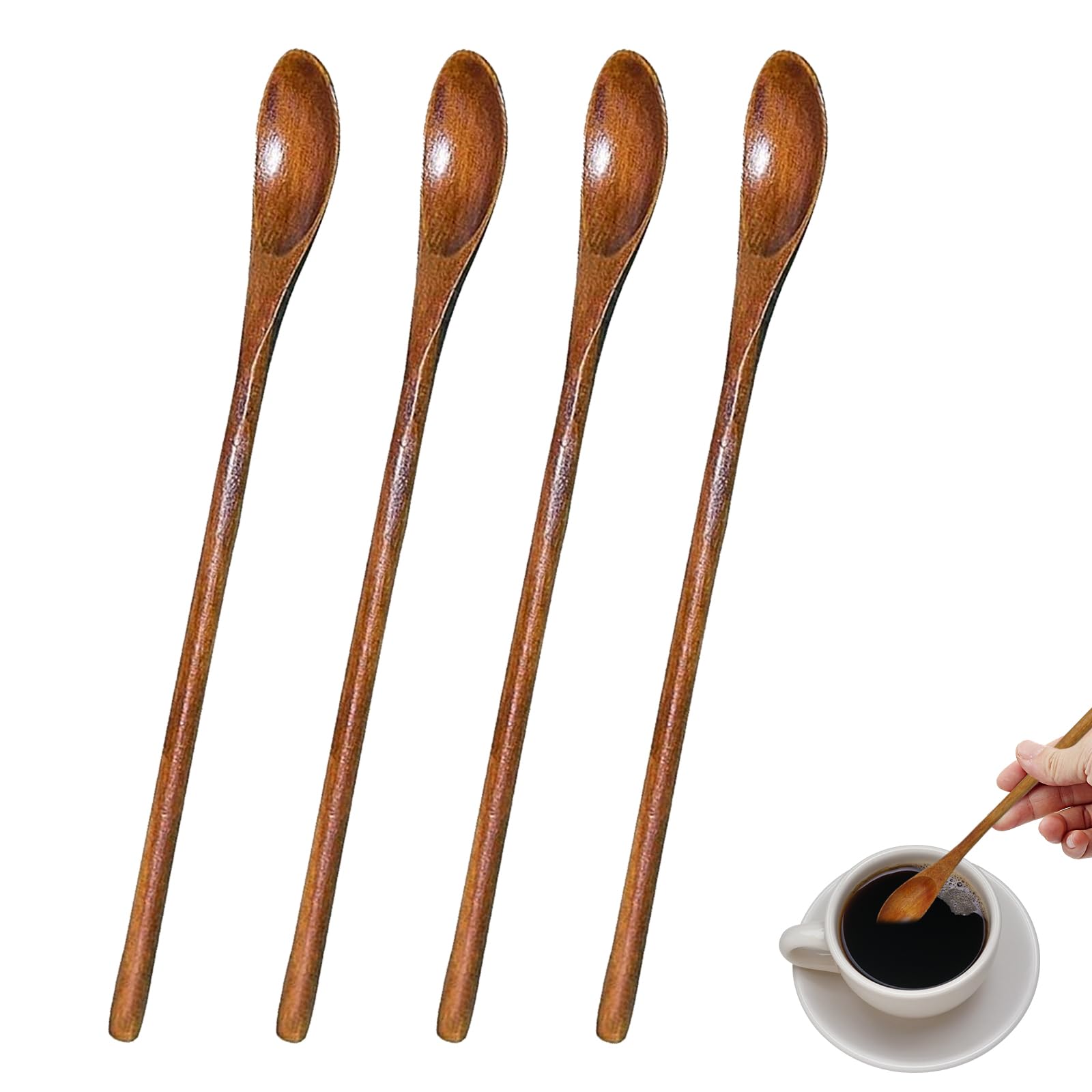 Long Handled Teaspoons, Natural Small Wooden Spoons Long Wooden Stirring Spoon for Honey Coffee Tea Drinks (4)