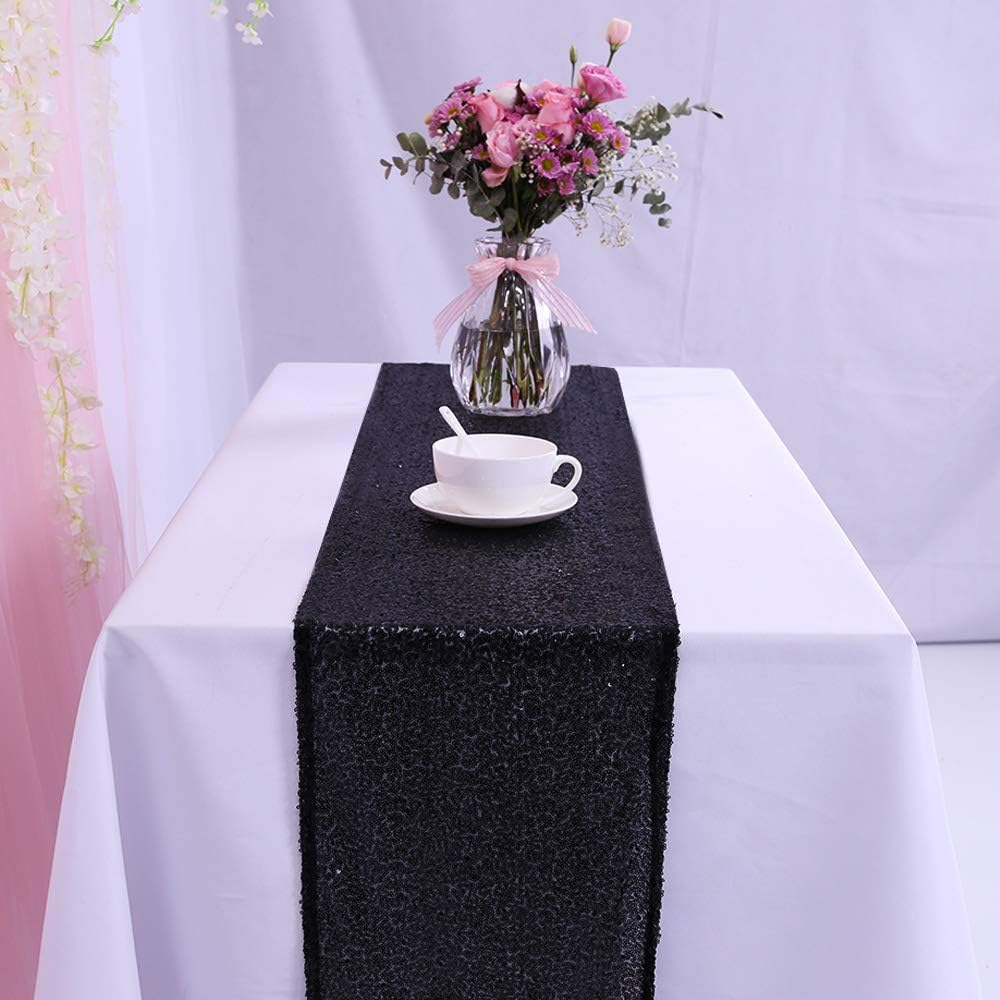 TRLYC 6 Pieces 12 by 108-Inch Wedding Black Sequin Table Runner, Black