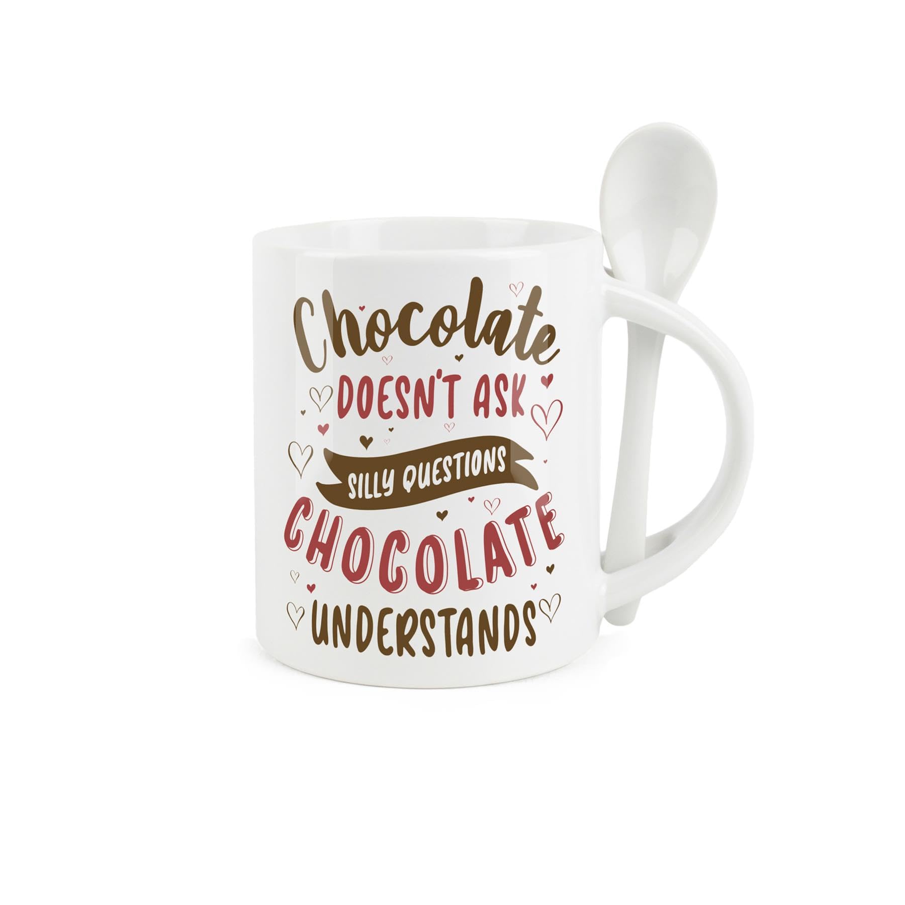 Purely Home Novelty Hot Chocolate Mug and Spoon Set - Chocolate Understands Gifts for Chocolate Lovers - Ceramic White Coffee/Tea Mug with Spoon in Handle
