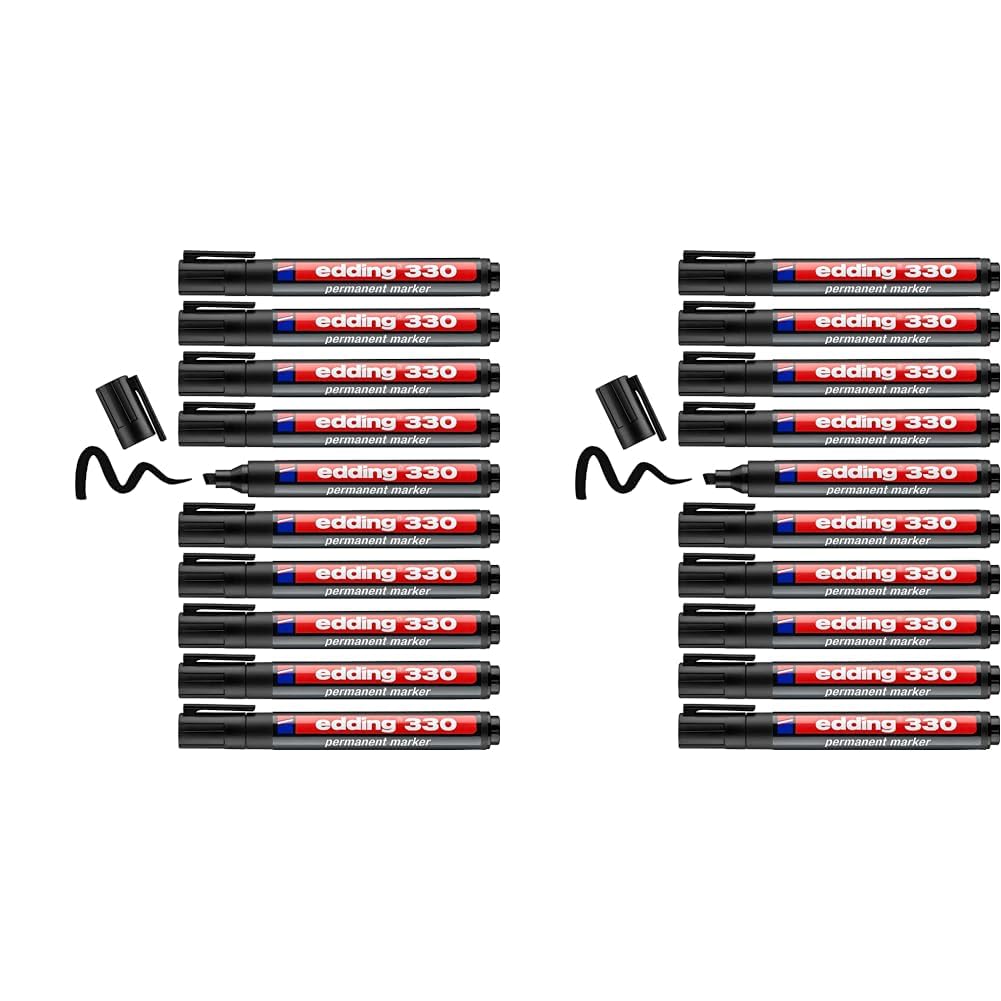 edding 330 permanent marker - black - 10 pens - chisel tip 1-5 mm - waterproof, quick-drying, smear-proof pens - for cardboard, plastic, glass, wood, metal and fabric (Pack of 2)