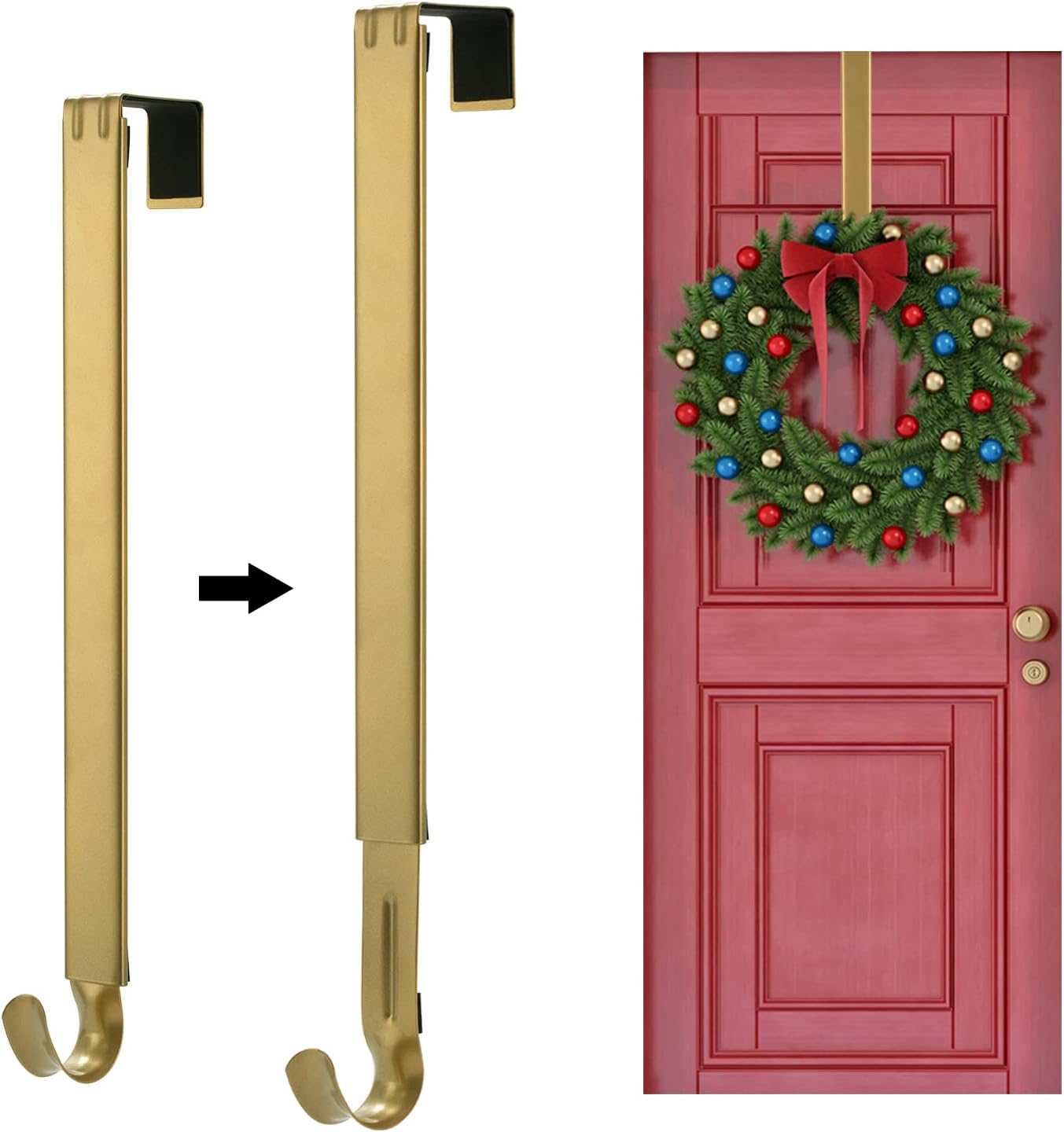 Wreath Hangers - Larchio Wreath Hanger for Front Door, Adjustable Wreath Door Hanger Gold Wreath Holder Over The Door Hooks from 15-25inch for Christmas Wreath Decor