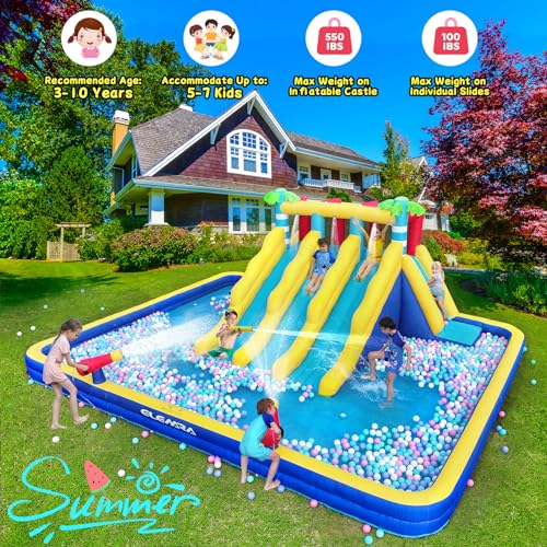ELEMARA 20.66x16.4FT Inflatable Water Slide, 3 Extra-long Slides & Climbing Wall, Backyard Water Park with Double-layer Pool, 2 Water Cannons & Spraying Function, Includes 750W Air Blower for Big Kids