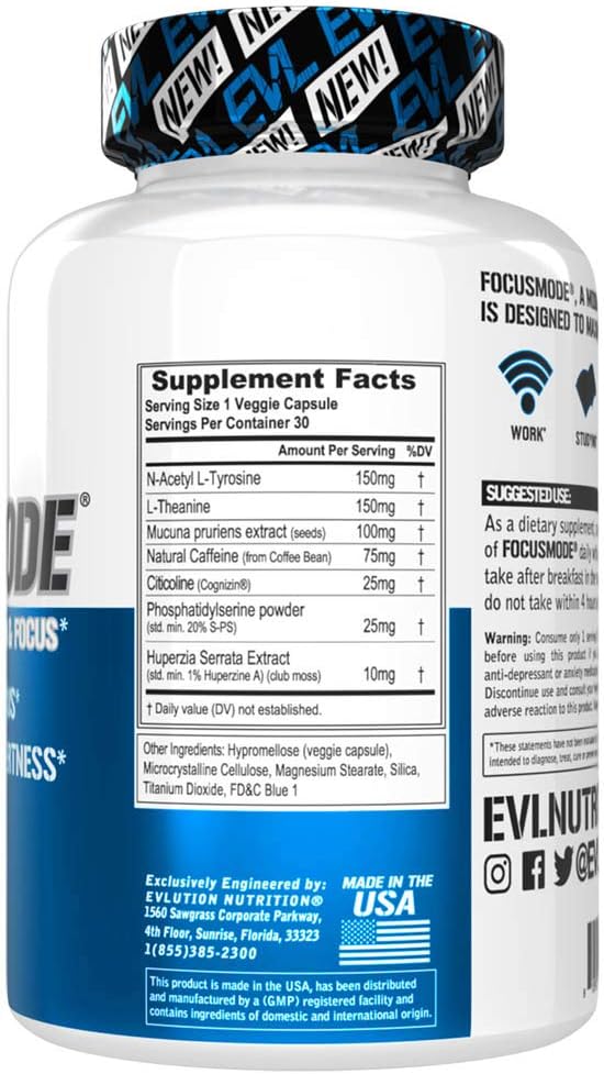 Evlution Nutrition Focus Mode, Herbal Brain Function and Cognitive Support Supplement, Focus, Energy, Clarity, Memory, Mind Enhancer and Mood Booster Nootropic (30 Servings): Health & Personal Care