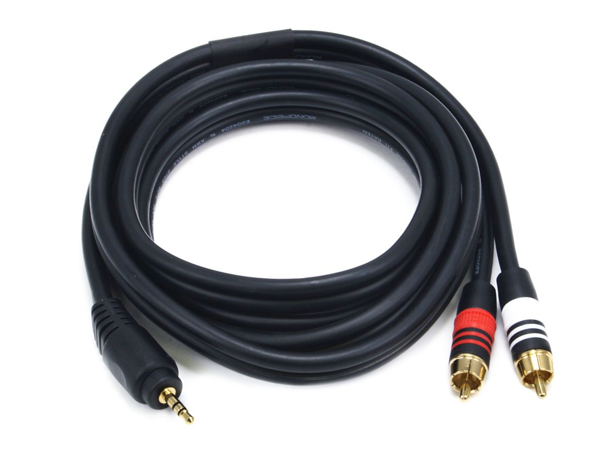 MonopricePremium 3.5mm Stereo to 2x RCA Cable - 0.46M (1.5ft) - Black, M/M, Gold Plated Connectors, 22AWG