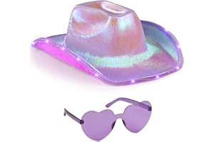 Funcredible Purple Light Up Cowgirl Hat - Shiny Cowboy Hat with Heart Glasses - Perfect for Space Cowgirl Outfit, Disco Cowboy Outfit, and Rodeo Costumes