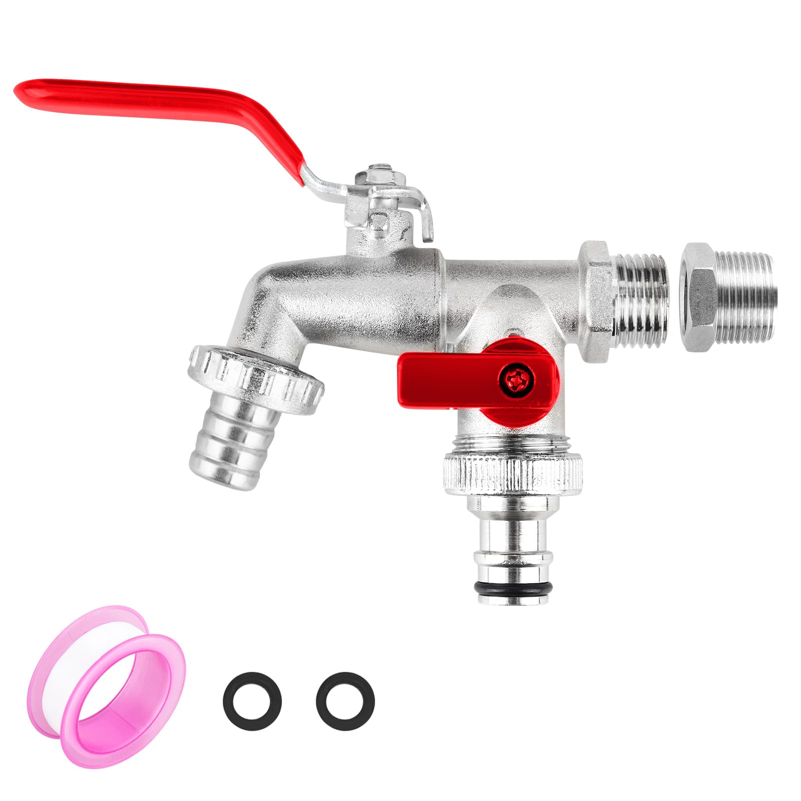 DMJJSD Double Garden Tap 1/2 Inc Brass Double Water Tap with 3/4 Inch Adapter, Ball Valve Faucet, Red