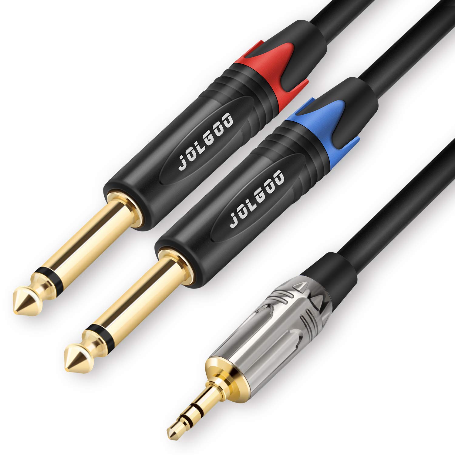 JOLGOO 3.5 mm TRS to Dual 1/4" TS Stereo Breakout Cable, 1/8" TRS Stereo to Dual 6.35mm TS Mono Plug Y Splitter Patch Microphone Cable, 1 Meter